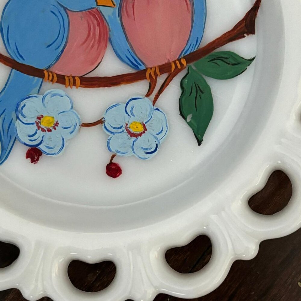 Vintage 1950's "Bluebird of Happiness" Hand Painted Milk Glass Plates Set of 2 - Picture 7 of 8